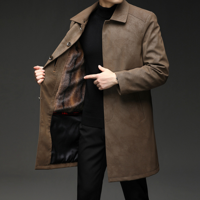 Haining Genuine Leather Men's Long Over-The-Knee Trench Coat with Fleece Lining, Thickened Sheepskin Jacket for Winter
