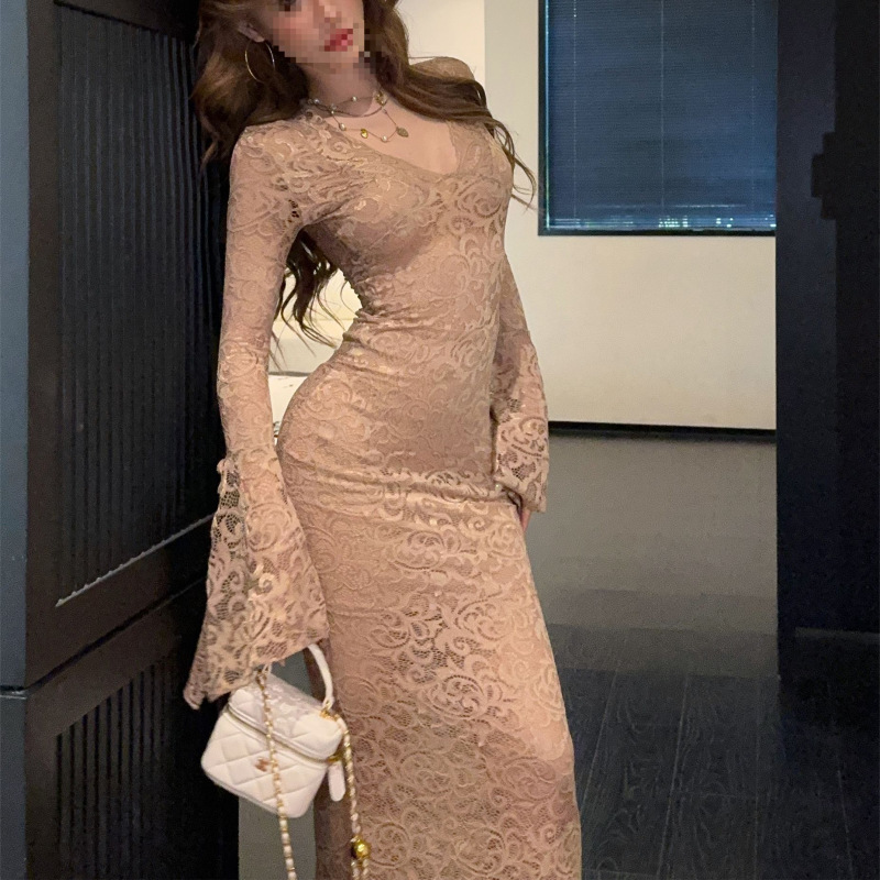 纯欲V领长袖连衣裙女秋冬季新款收腰显瘦蕾丝花纹辣妹包臀长裙子|undefined