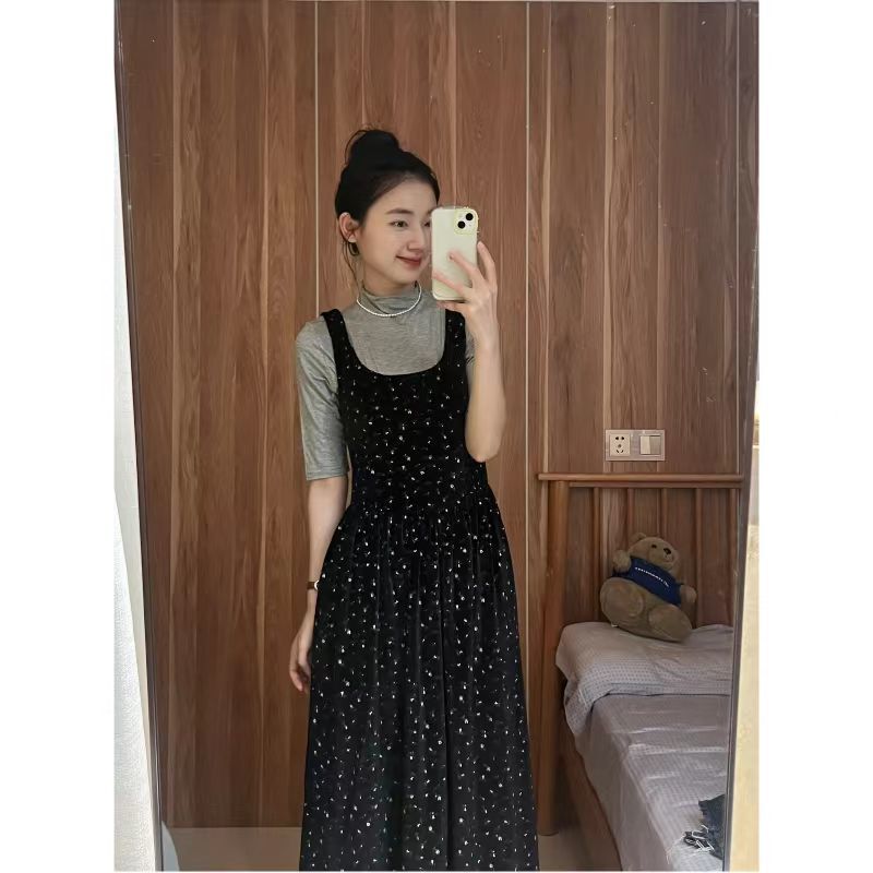 黑色碎花丝绒背带连衣裙女套装宽松显瘦方领气质中长款裙子长裙|undefined