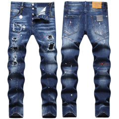 国境を越えた男性の修身ファッションの足刺繍ジーンズの穴が開いて布の弾力性のペンキを貼って乞食のズボンの潮を噴き出します。