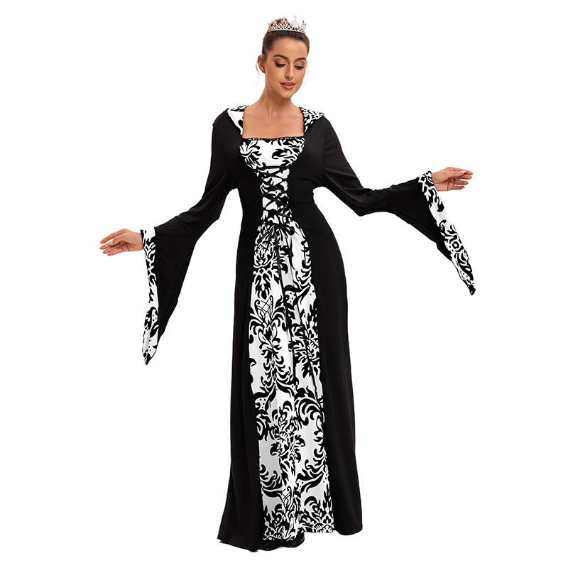Las mujeres europeas y americanas populares cena medieval con capucha gran swing vestido impreso retro artístico de manga larga con cordones de cintura