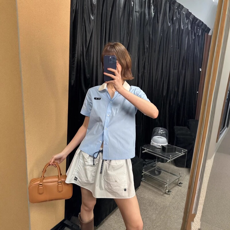 Original Version in Stock with Original Label Mu Brand Light Blue Patchwork Lace Doll Collar Short-Sleeve Shirt Top, Sweet and Versatile Original Version in Stock with Original Label Mu Brand Light Blue Patchwork Lace Doll Collar Short-Sleeve Shirt Top, Sweet and Versatile