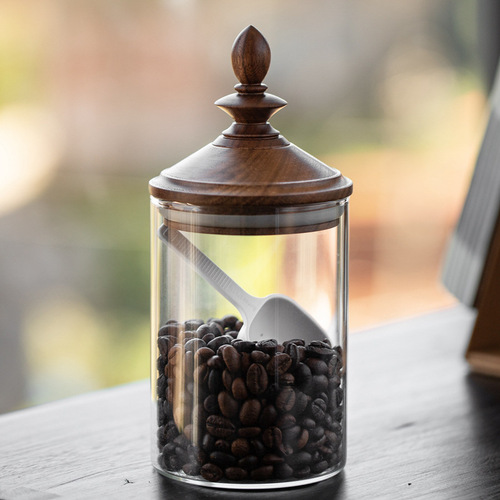 Retro Japanese-style household high borosilicate glass jar sealed jar wooden lid kitchen storage jar tea jar coffee storage jar