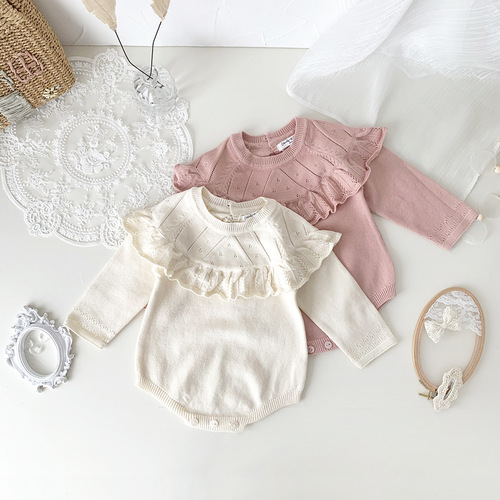 Cutemily Infant Knitted Romper Baby Girl Spring Autumn Long Sleeve Triangle Hooded Jumpsuit 