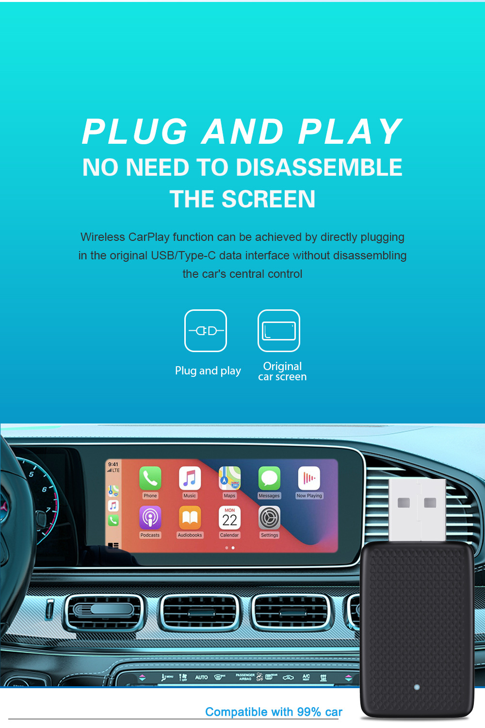 Cross-border hot-selling wired to wireless carplay box upgrade Android smart car interconnection module car
