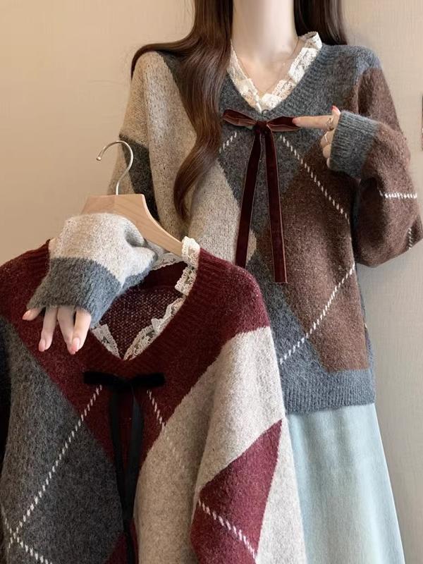 酒红色菱格毛衣女2025新款蕾丝V领针织衫慵懒风复古秋冬上衣潮|undefined