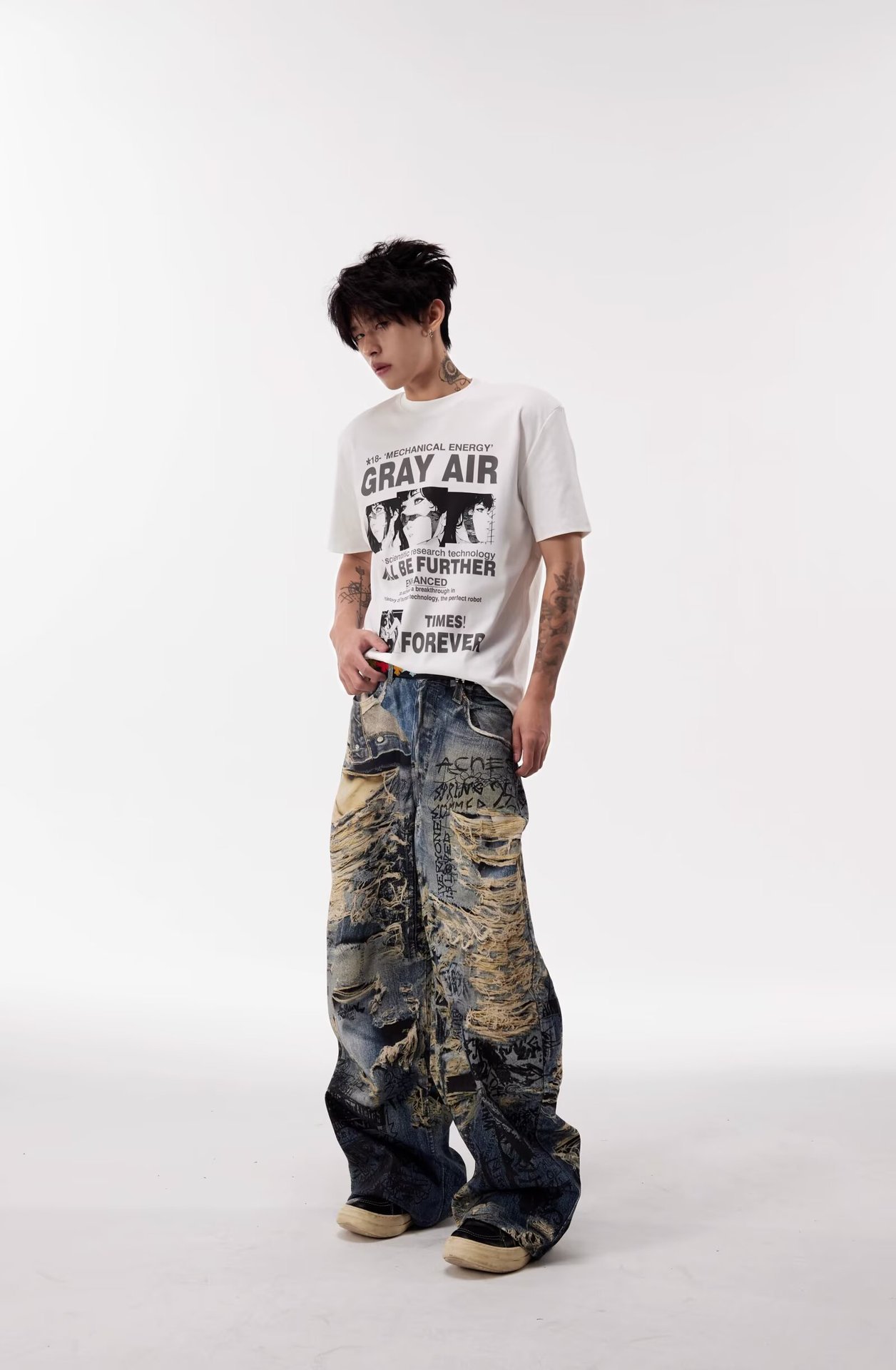 Herren Graffiti Destroyed Jeans Gerade Lockerer Streetstyle_voghion.com