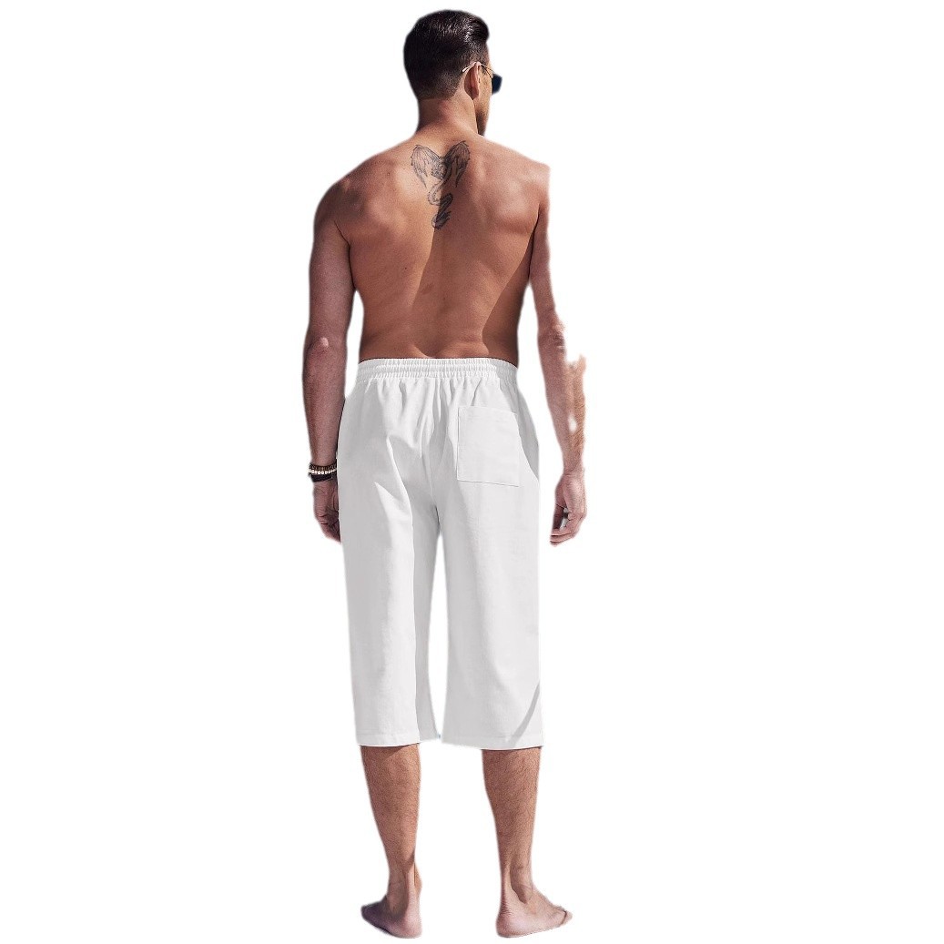 Europäische und amerikanische grenzüberschreitende Bestseller: Herren-Strandhose mit mittelhohem Bund, Kordelzug, einfarbig, verkürzt, mit Taschen, ideal für Yoga und Strand._voghion.com