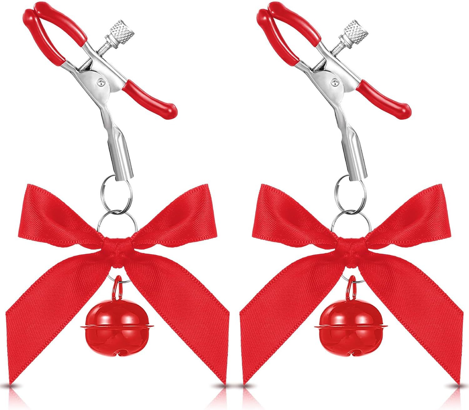 SM Nipple Clamps with Double Bells, Metal Breast Ornament Pair, Black Couple’s Intimate Play Accessory — detail image 10
