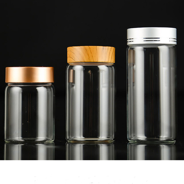 圆形高硼硅管制瓶65直径密封花茶密封罐高端木纹盖陈皮石斛玻璃罐