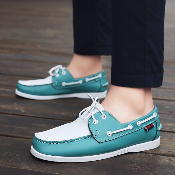 Spring and Autumn Breathable White Shoes Men's Trendy All-match Flat Leather Shoes White Sailing Shoes Men's Casual Shoes