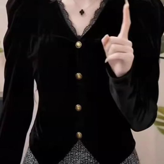 New Style Collar Lace Splicing Gold Velvet Bottoming Shirt for Women 2025 Autumn and Winter New Fashionable Inner Short Shirt New Style Collar Lace Splicing Gold Velvet Bottoming Shirt for Women 2025 Autumn and Winter New Fashionable Inner Short Shirt