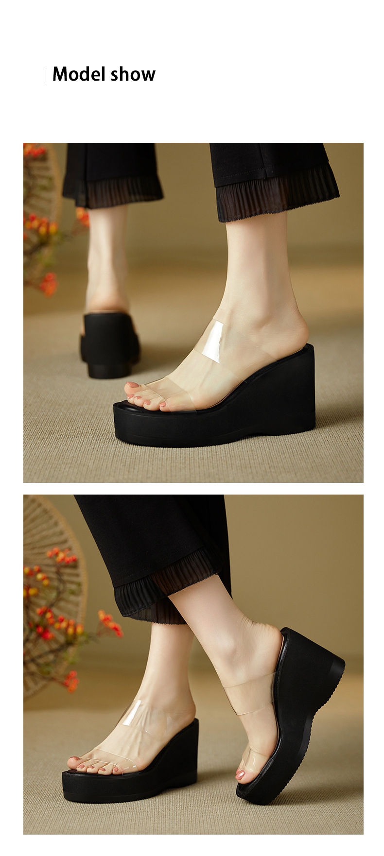 Dép sandal nữ quai ngang đế xuồng cao gót trong suốt — màu đen, màu mơ chi tiết 5
