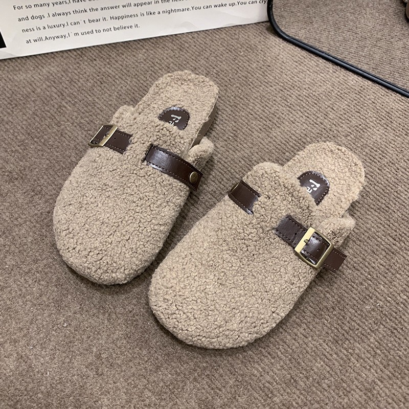 Baotou women's outdoor slippers, 2026 new autumn and winter flat-soled, warm, fleece-lined, lamb wool cotton slippers
