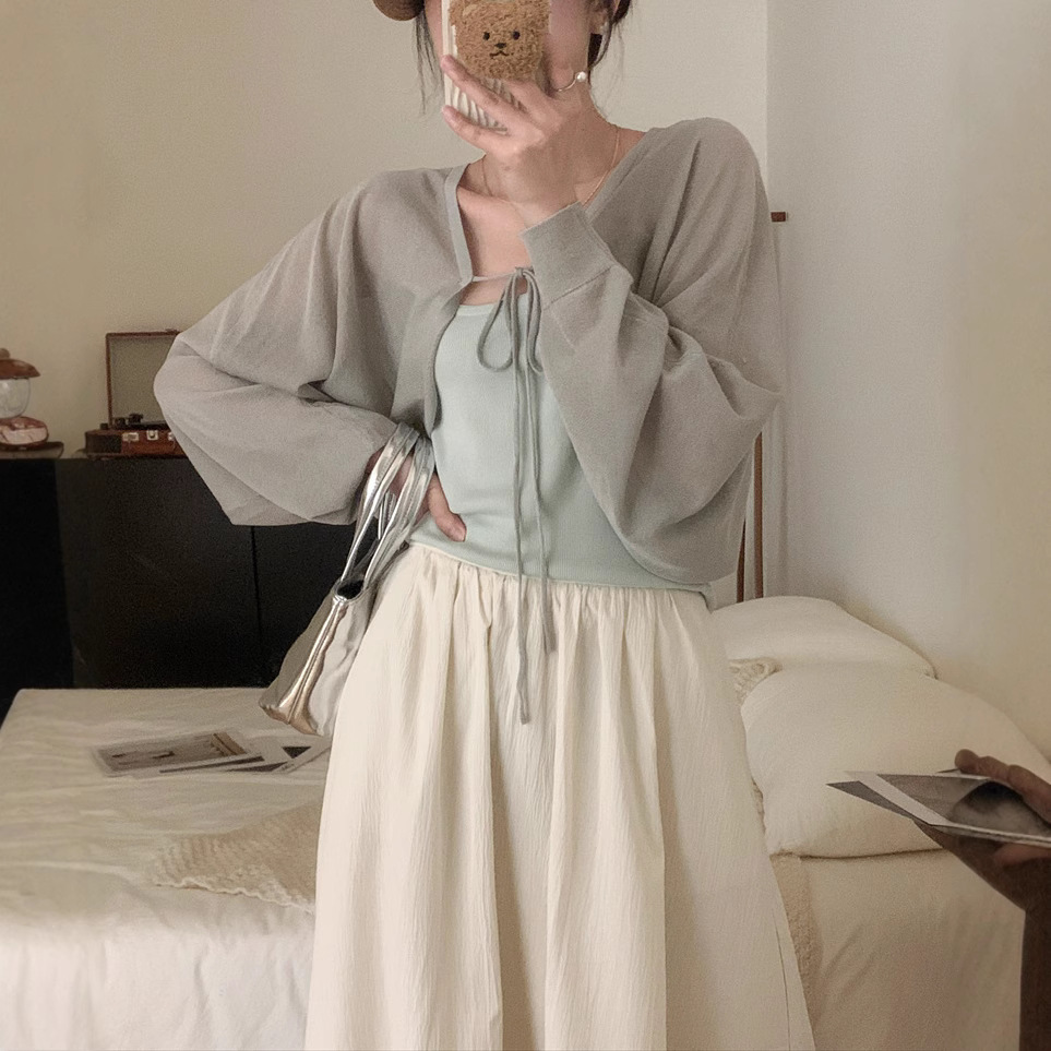 Summer cover-up camisole dress with shawl, lantern sleeve vest, ice silk sun protection knitted cardigan, women's thin coat
