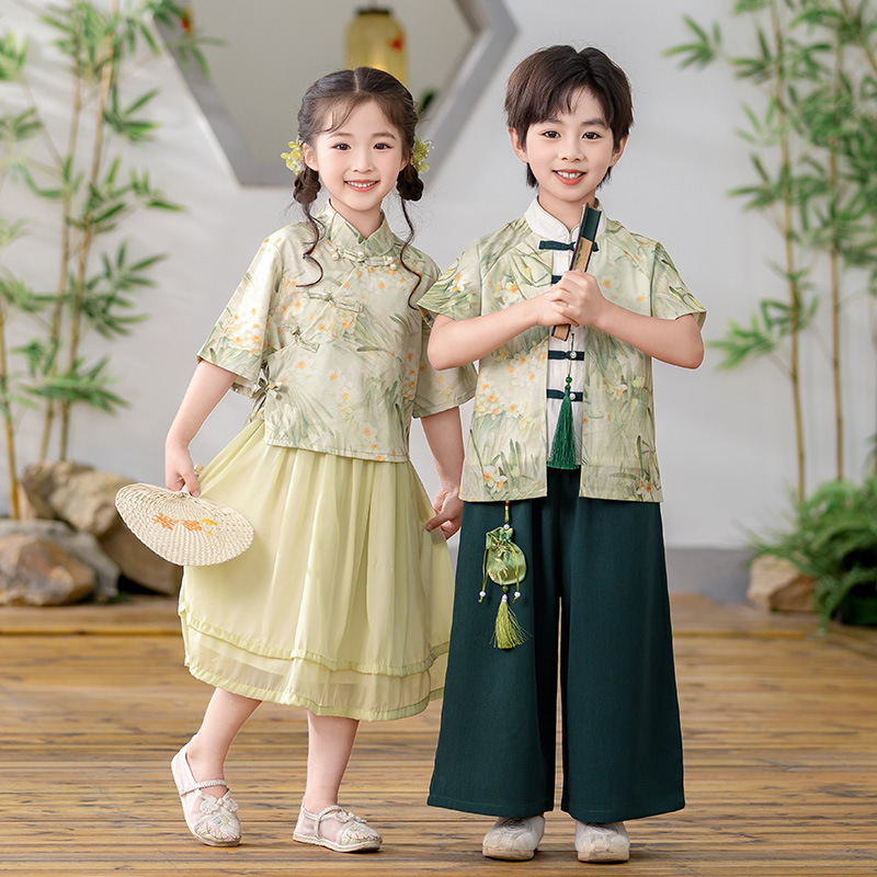 Children's Tang Suit Boy's New Chinese Style Han Dynasty Short-Sleeved Suit Summer Girl Baby Dress School June 1St Performance Suit