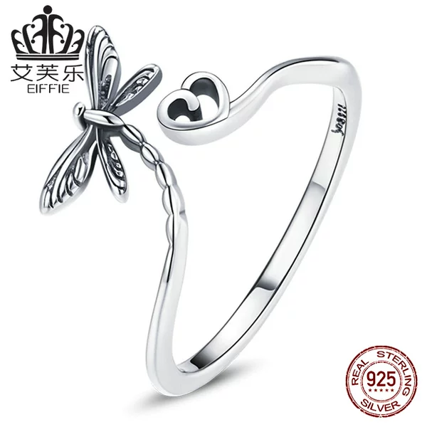 Amazon's Best Selling Sterling Silver S925 Dragonfly's Love Open Ring Simple and Fashionable Insect Heart-Shaped Ring Bracelet