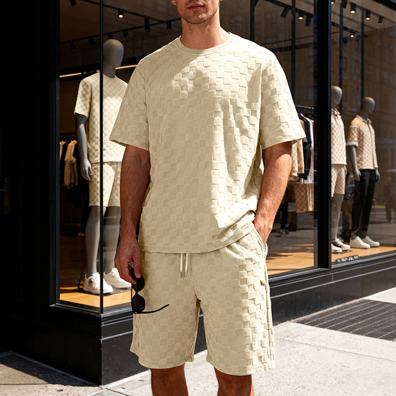 Muscle Doctor Men's Summer Jacquard Checkered Short Sleeve T-Shirt & Shorts Set, Loose Fit High Street Casual Outfit_viptrois.com