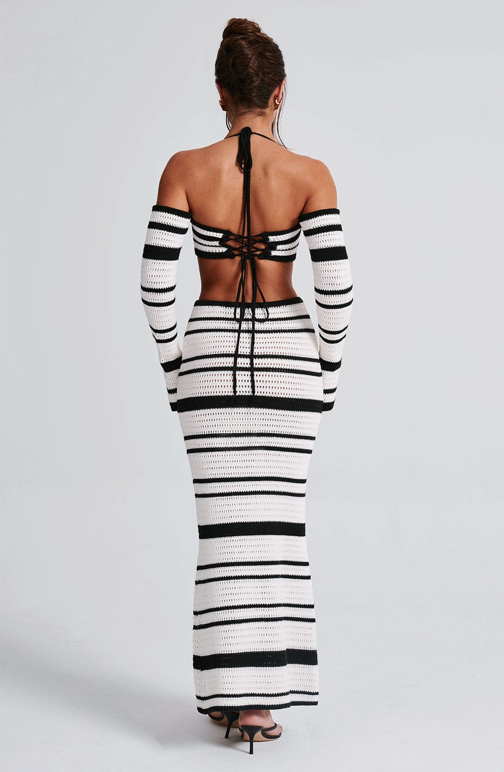 427g Weight Long Sleeve Sleeve Length Polyester Fabric Type Skirt Co-ord Set Sets Type 2 Pieces Set Quantity Holiday Occasion Halter Neck Neckline Comfort Function Regular Fit Fit Type Stripe Pattern Summer Season Women's Gender Streetwear Style Holiday Women's Streetwear Stripe Polyester Skirt Co-ord Set Skirt Sets 2
