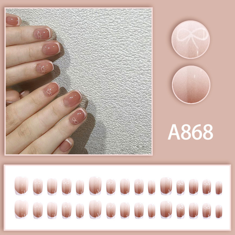 Casual French Bow Short Style Wearable Nails Boxed 30 Pieces Cross-Border Wholesale Factory Fake Nails with Glue