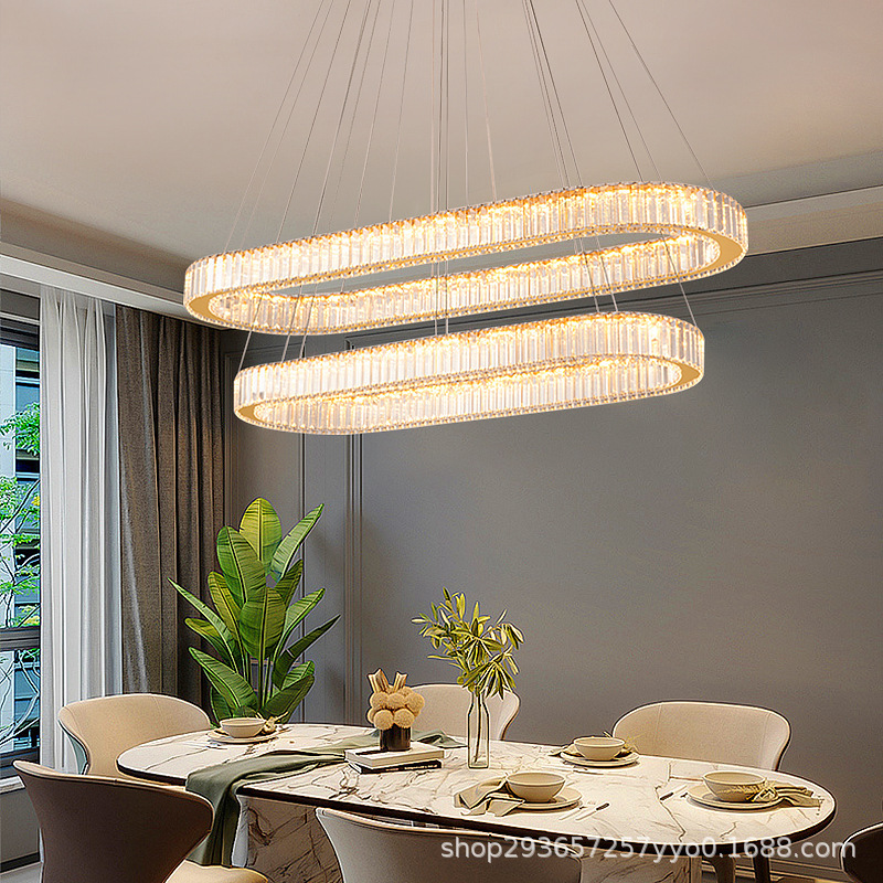 轻奢水晶吊灯客厅餐厅现代简约创意led 双层椭圆吧台家用饭厅灯具|undefined