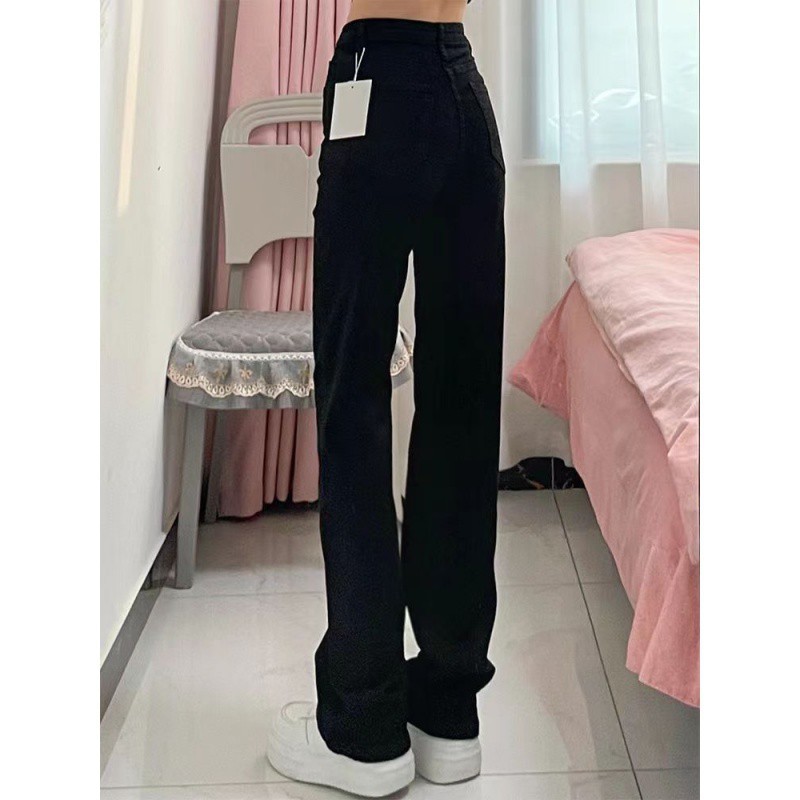 (2개) 검은 좁은 직선 청바지 여성의 봄과 여름 새로운 배 모양의 높은 허리 탄성 느슨한 슬리밍 걸레 바지