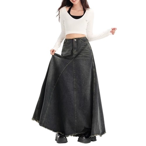Glamorous Vintage American Style Denim Half-Body Skirt for Women - High-Waisted Slimming Medium-Length A-Line Hip-Hugging Fish-Tail Maxi Skirt