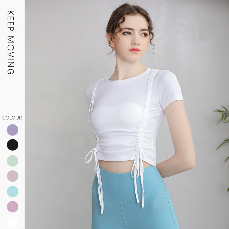 Lulu Zgly Outdoor Sports Short-Sleeved Yoga Top Drawstring Slimming Top T-Shirt Quick-Drying Pilates Fitness Wear