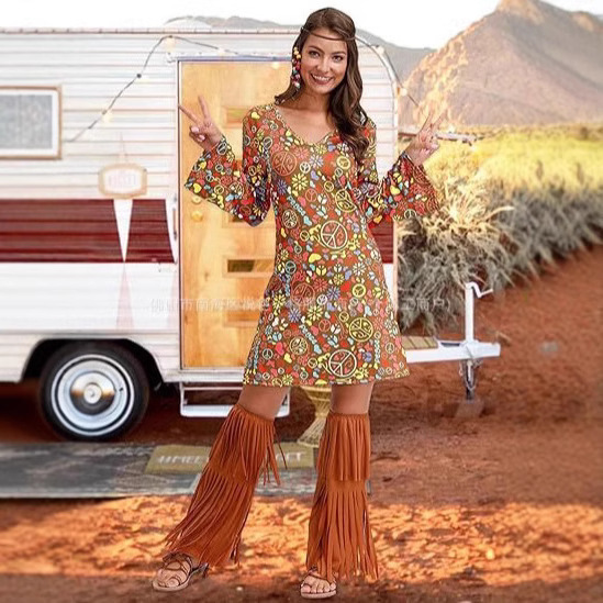 Amazon Cross-border European and American Women's New Halloween Vintage Casual Hippie Costume Long Sleeve Printed dress Women