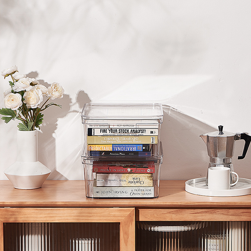 A58-60透明帶蓋子收納盒 PET塑料桌面首飾文件整理盒家居客廳收納