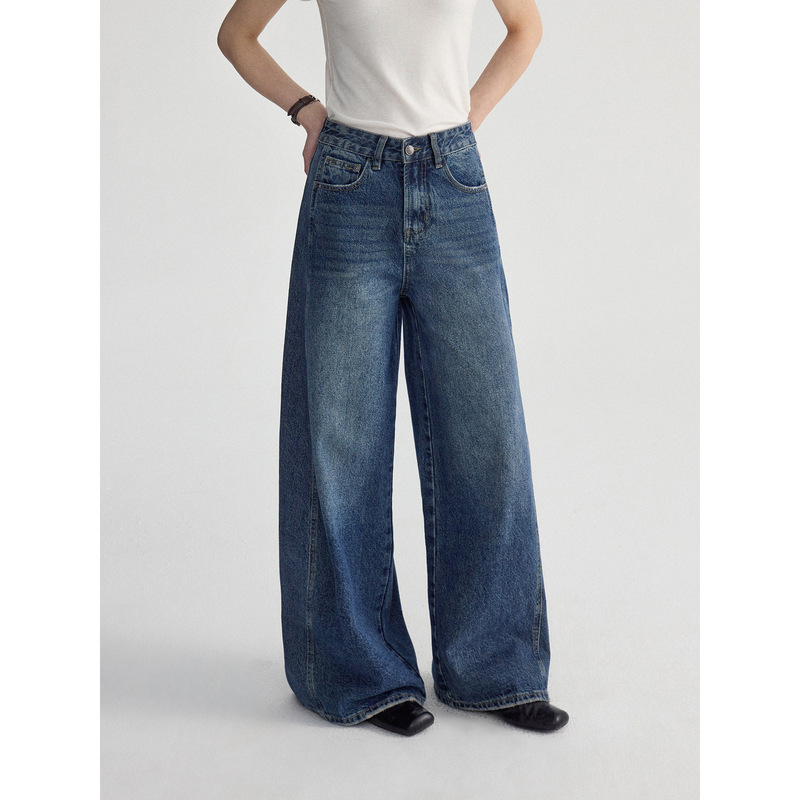 【Geming】Vintage High-Waisted Wide-Leg Curved Pants for Women 2026 Spring New Korean Style Commuter Jeans R0119D