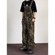 美式复古豹纹背带裤男女潮牌vibe街头直筒宽松情侣阔腿工装牛仔裤