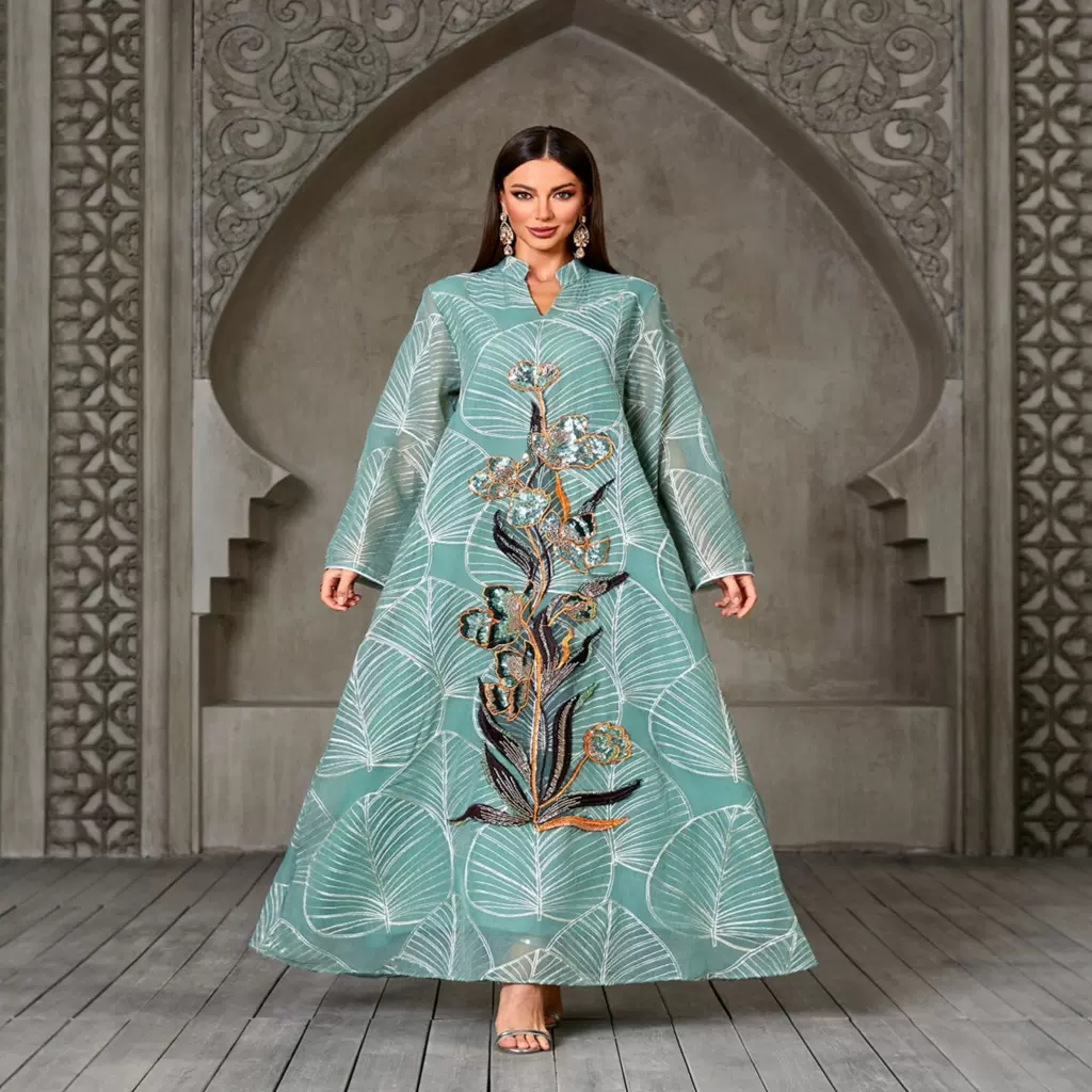 中东穆斯林刺绣面料贴花工艺穆斯林连衣裙迪拜沙特轻奢女装阿巴亚