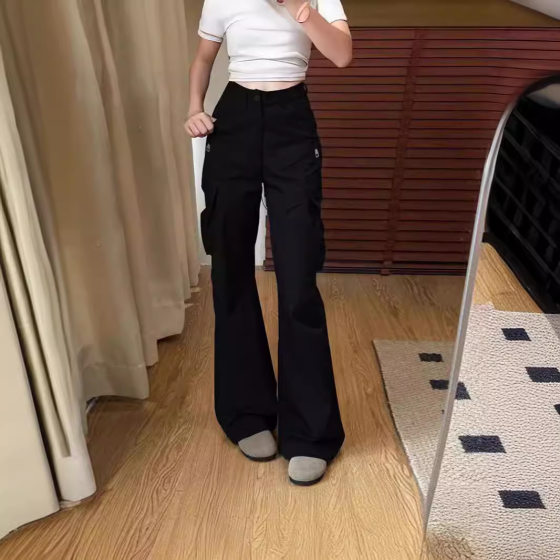 Black Micro-horn Crane Pants Women's Summer New American Style Retro Loose Wide-leg Slimming Straight Casual Long Pants