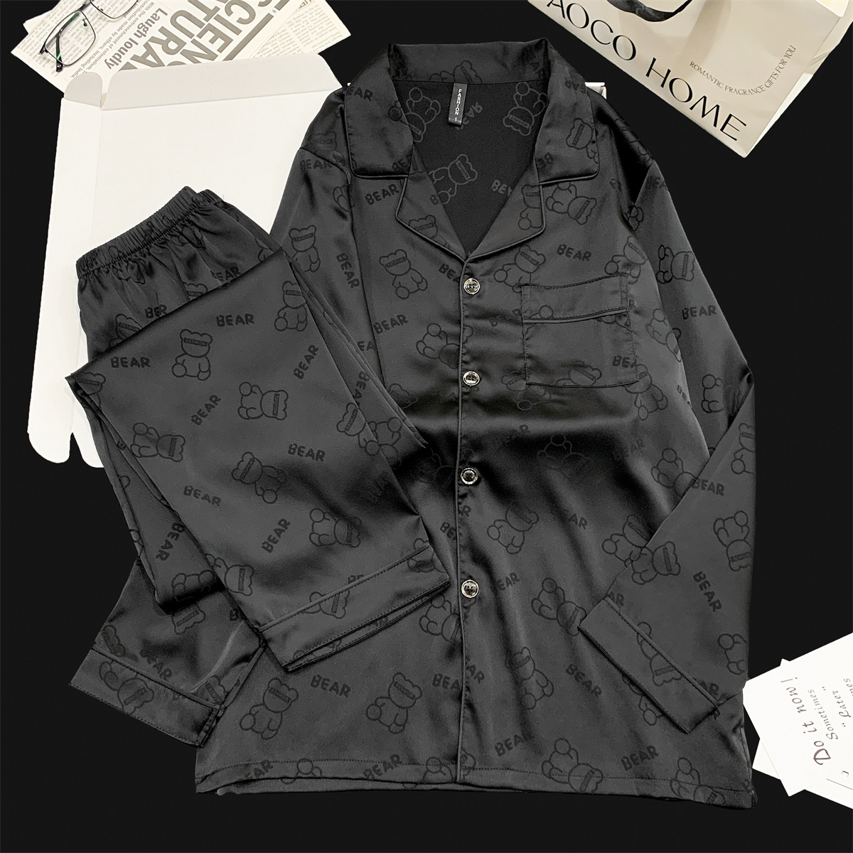 Tiktok Trending Cool Men's Pajamas Spring and Autumn Ice Silk Long-Sleeve Bear High-End Youth Loungewear Set