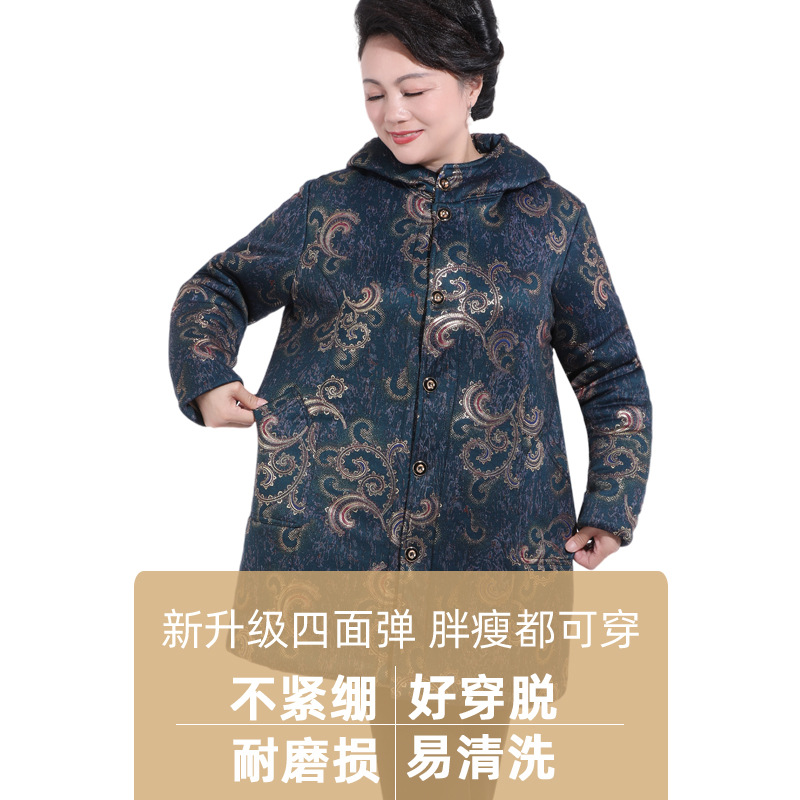 카멜 벨벳 코튼 의류 여성 중년 및 노인 두꺼운 코튼 패딩 코트 후드 패션 코트 중간 길이의 겨울 어머니의 느슨한 플러스 사이즈