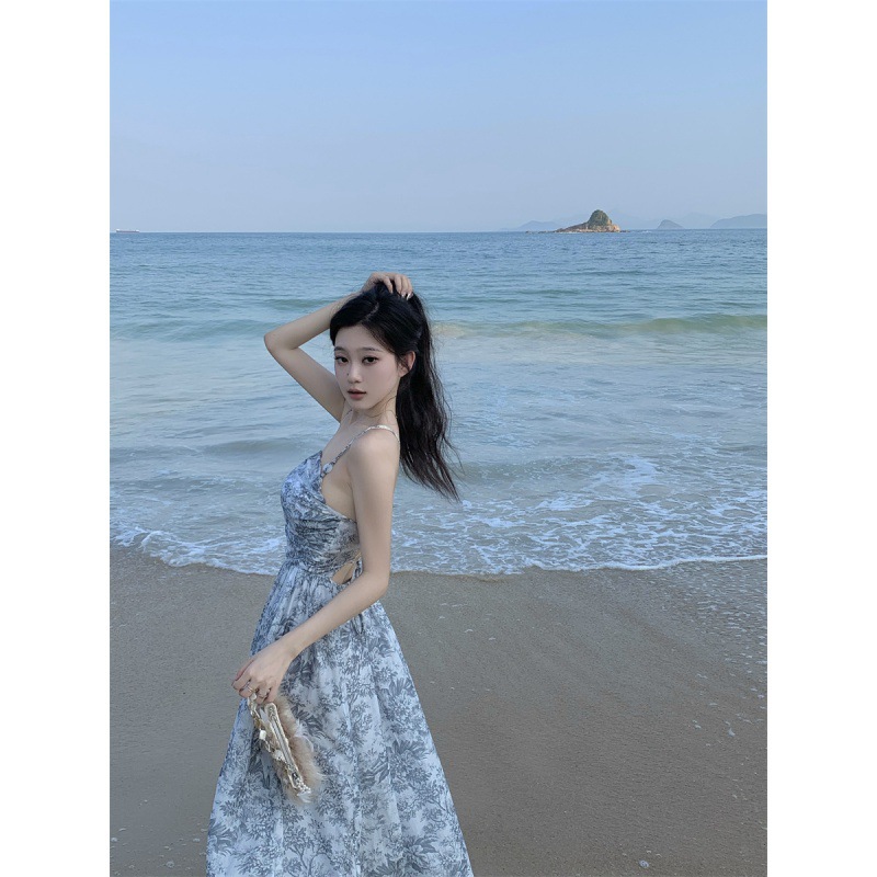 新中式水墨画气质系带连衣裙女夏露背设计感收腰长裙