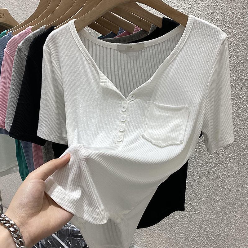 V-Neck Short-Sleeved Irregular T-Shirt Women's 2022 Summer New Design Sense Niche Slim-Fit All-Match Base Shirt Top