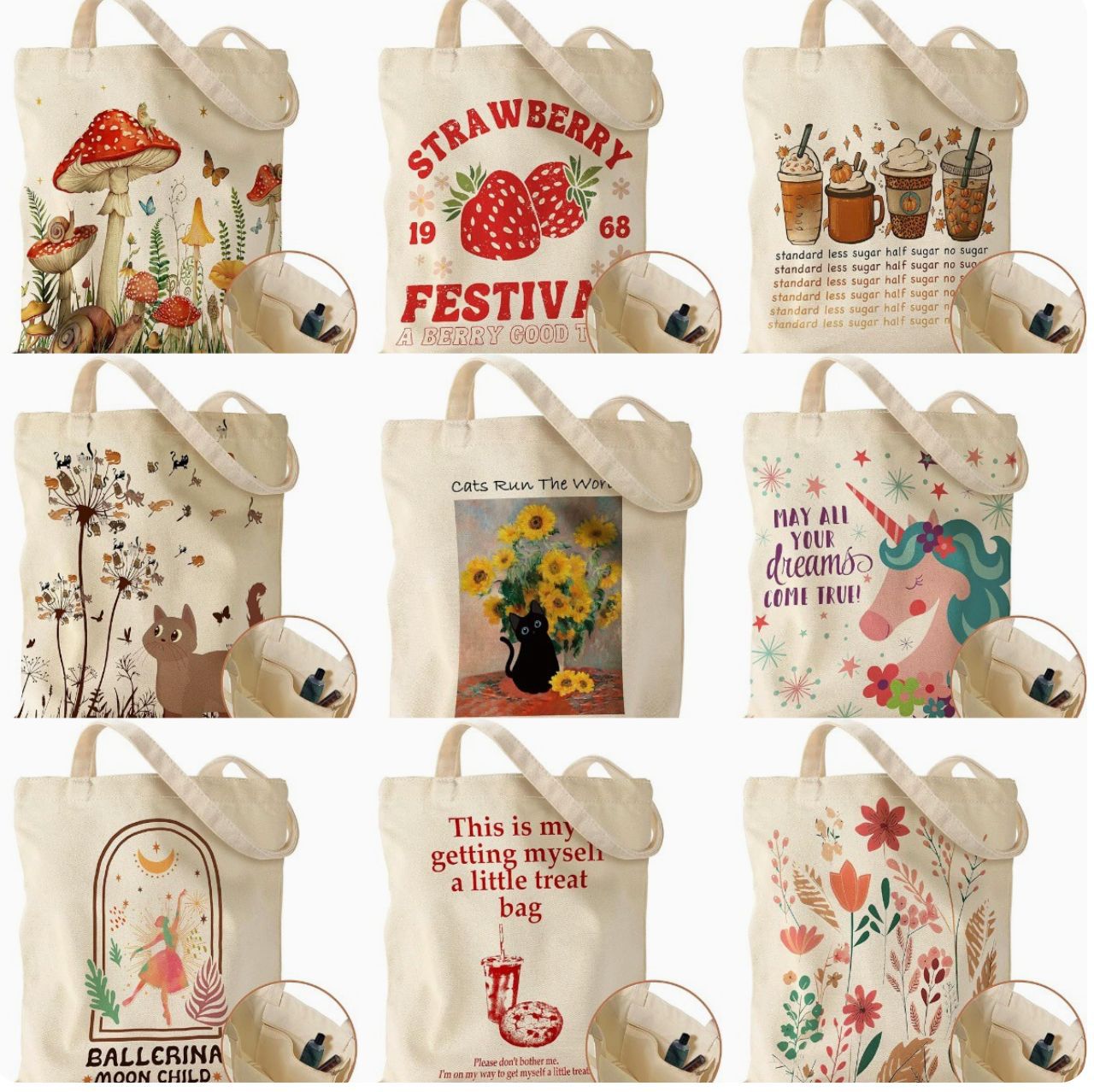Comercio exterior transfronterizo de Amazon Monet pintura al óleo impresión de dibujos animados letras de lona bolso de hombro bolso de mano bolso de cosméticos