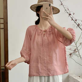 苎麻刺绣衬衫女2026夏季新款文艺纯色系带领百搭宽松套头衬衣小衫