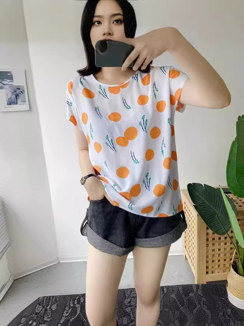 Summer cotton silk printed top women's thin loose slimming short sleeve artificial cotton outer wear round neck T-shirt