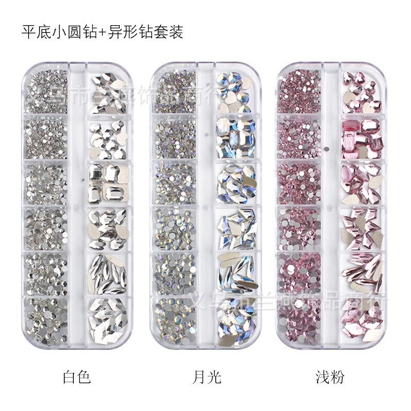 Cross-border new online celebrity 12-grid nail drill mixed special-shaped diamond flat diamond combination nail jewelry diamond DIY decoration