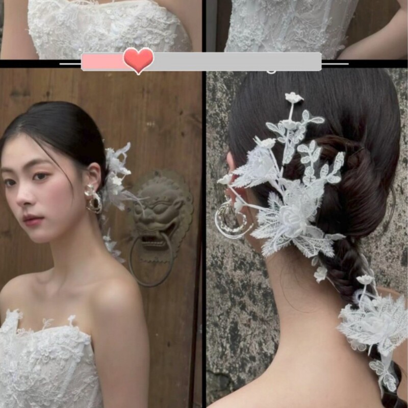 新品韩式简约白色蕾丝铃兰花新娘发饰外景旅拍婚纱礼服花朵新对夹|undefined