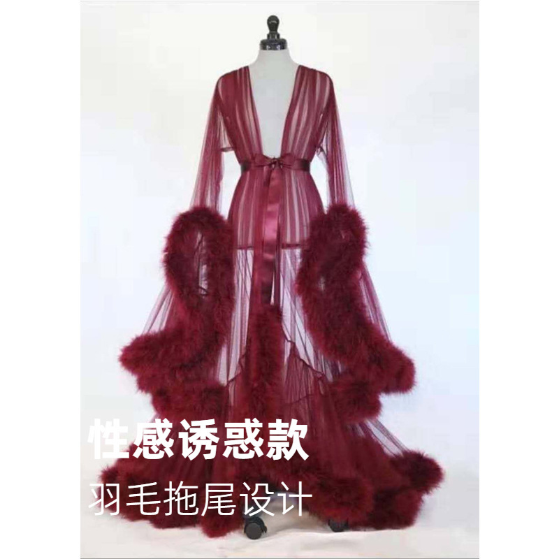 Sexy lingerie women's sexy feather bell sleeve trailing dress imitation Rex rabbit fur sexy nightdress see-through temptation suit
