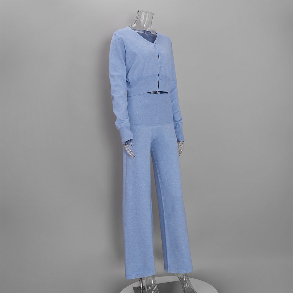 Bộ hai món nữ gồm áo khoác cardigan dệt kim dáng ngắn cổ chữ V và quần ống rộng cạp cao — Màu cà phê, Màu hồng, Màu trắng, Màu xanh dương chi tiết 47