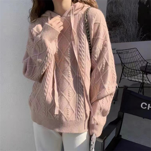 Twist hooded for autumn and winter to show slimming design, niche knitted bottomed shirt, women's loose and lazy wind belt hat, hoodie