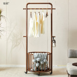 白蜡木衣帽架落地卧室挂衣架可移动脏衣篓隔夜收纳架入户置物架子
