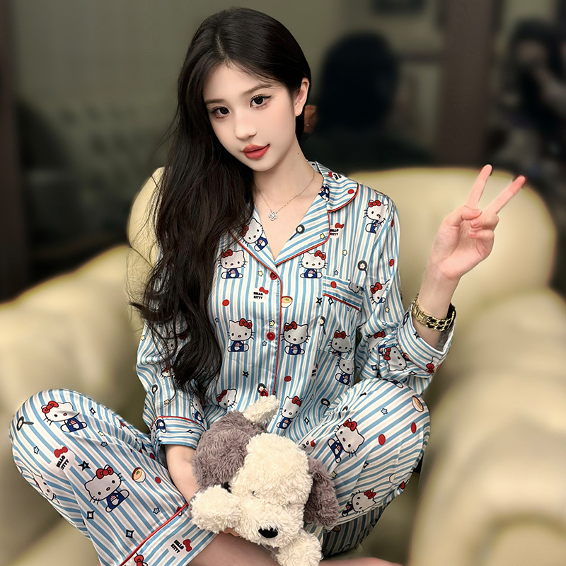 [HelloKitty] New Ice Silk Long Sleeve Pajamas Women's Summer suit Cartoon Cute Lapel Cardigan Home Clothes