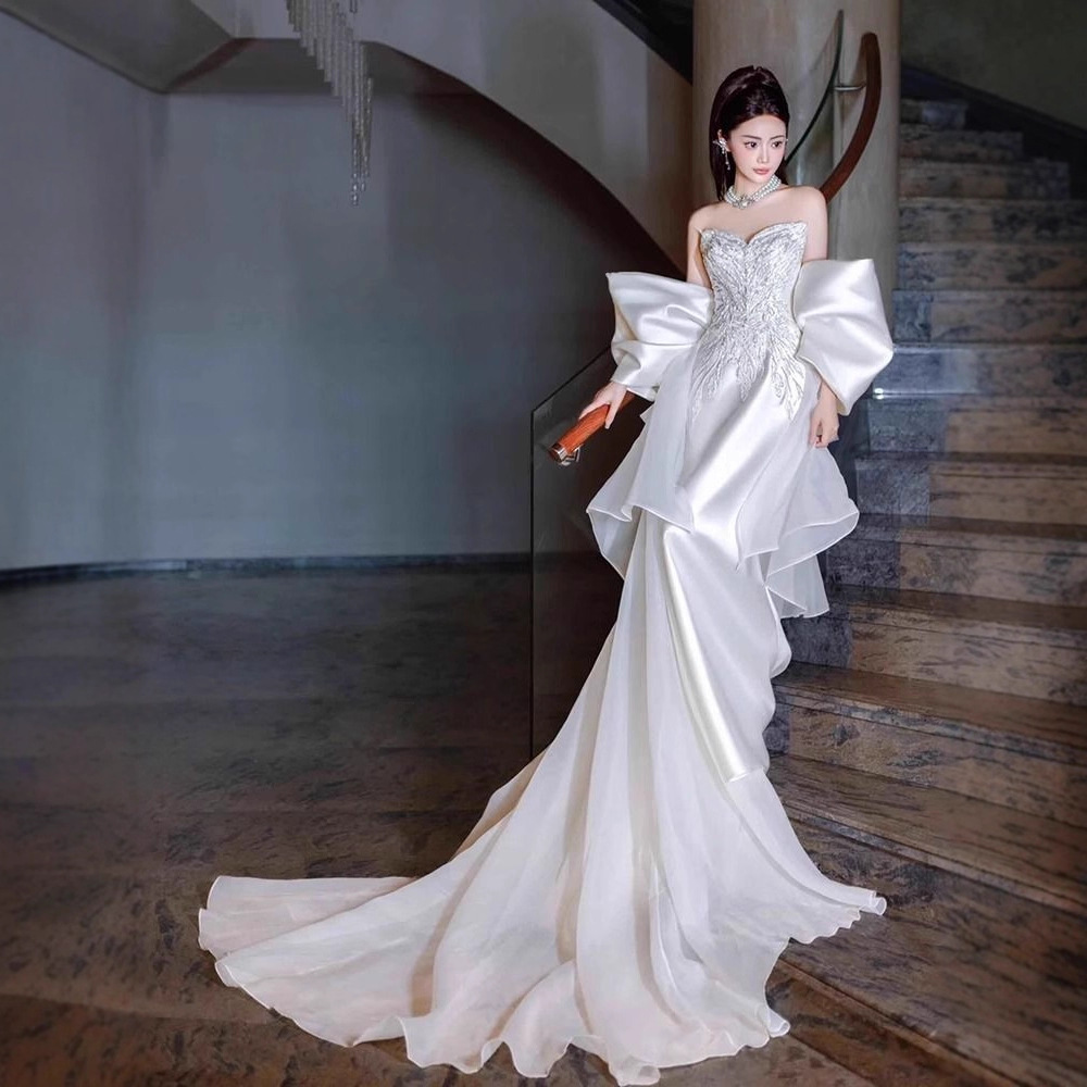 French-Style Light Wedding Dress with a Mermaid Tail, High-End Feel, Elegant Reception Gown, Bridal Engagement Banquet Toast Satin Dress