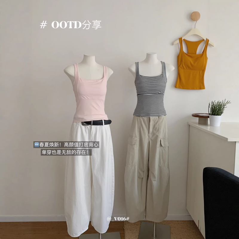 2026 Spring Lyocell Ribbed Tank Top for Women with Fixed Chest Pads, Slim Fit, Casual Outerwear, Striped Base Layer